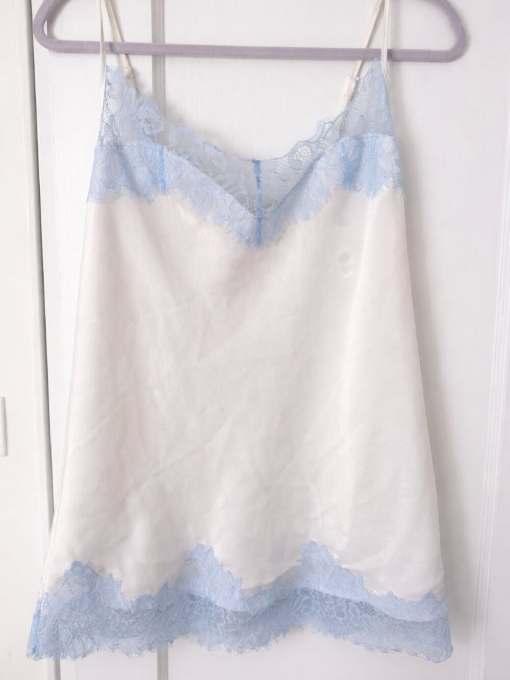 In Bloom by Jonquil White Satin Nightie Blue Lace Trim Size Medium